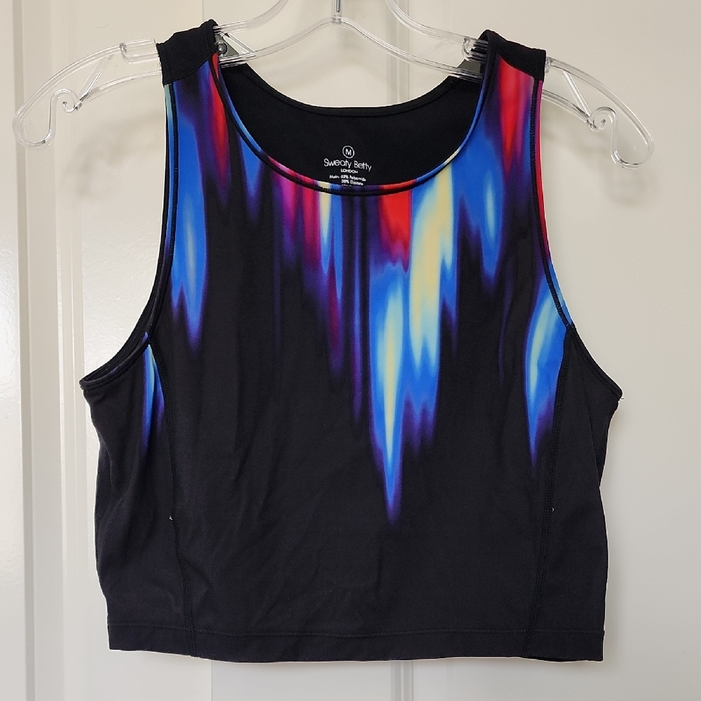 Sweaty Betty Black Tank with Vibrant Blue and Red Pattern